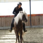 Tabea de l’association Libea monte Frodo vom Nahetal, cheval islandais gris clair, dans un manège extérieur, concentrée sur la direction et l’allure du cheval.